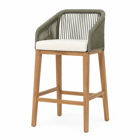 Silla de Madera de Teca con Respaldo de Cuerda Verde y Cojín Beige