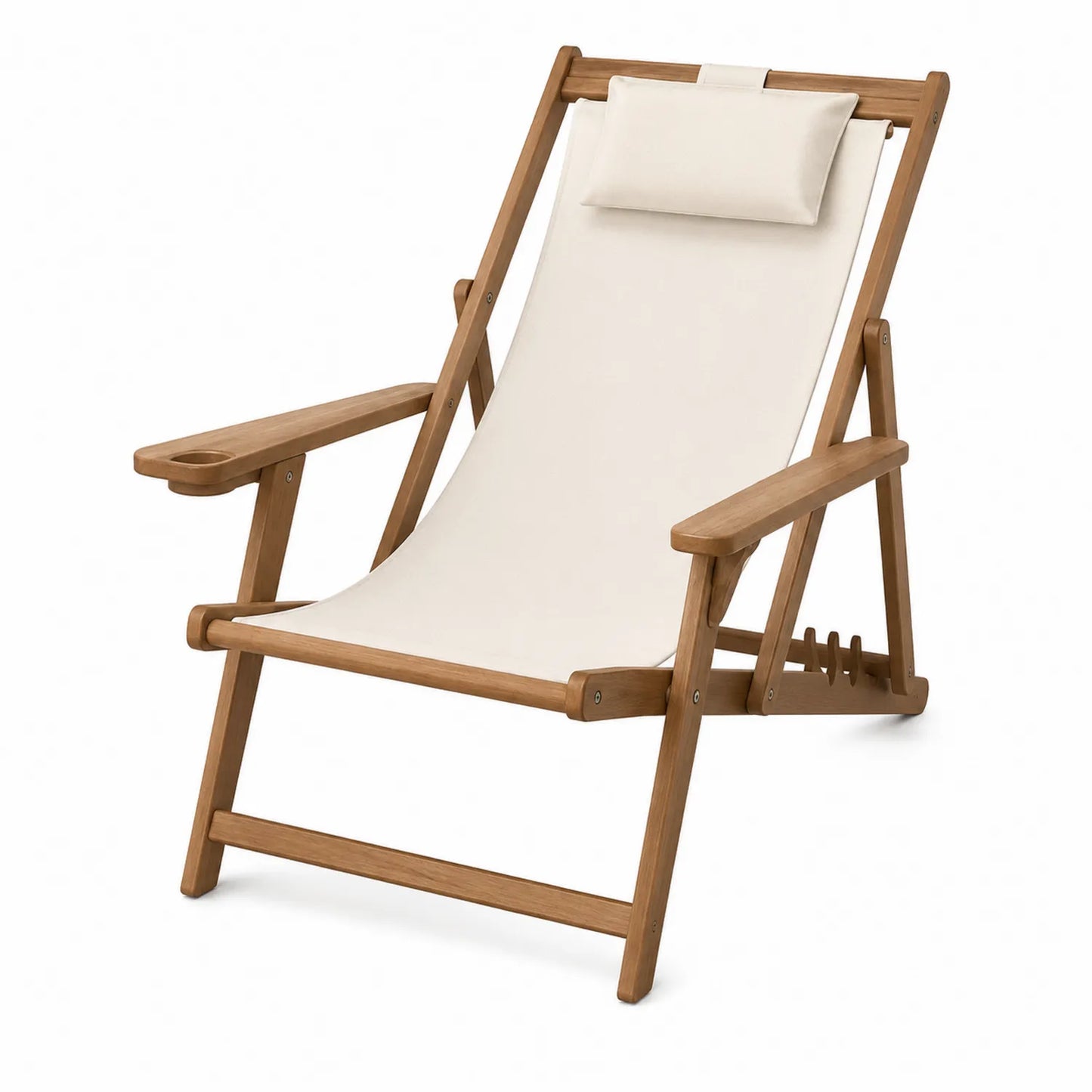 Silla Plegable de Teca y Tela Beige con Reposabrazos
