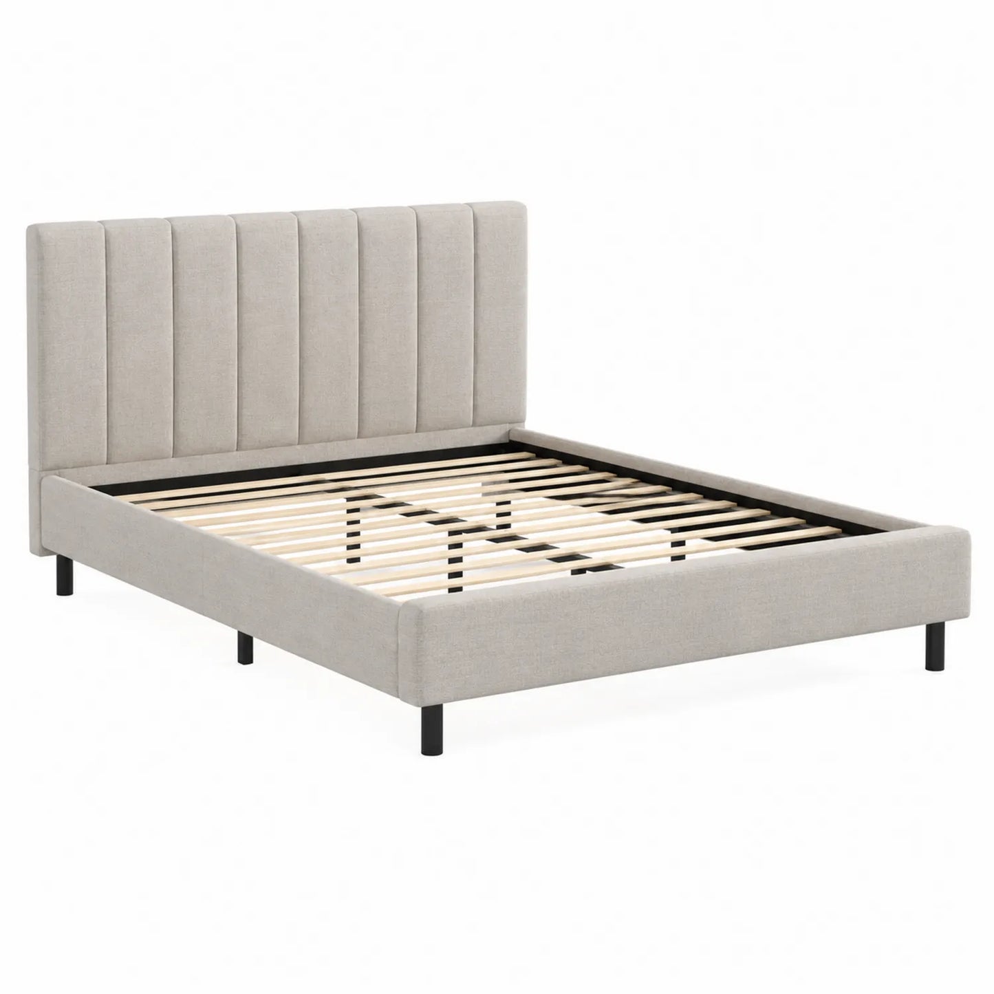 Cama tapizada en tela de lino beige con estructura de lamas de madera 200x160 cm