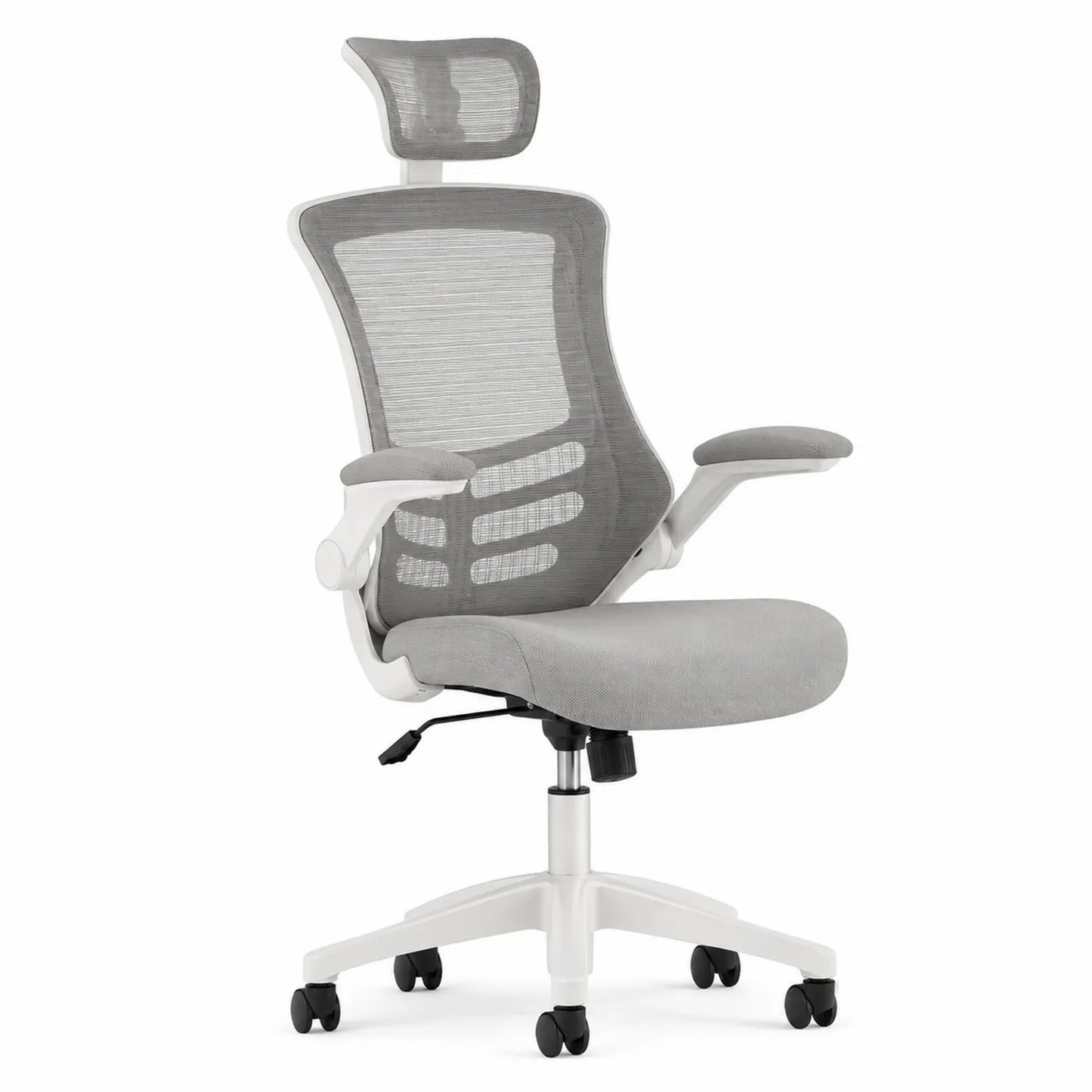 Silla ergonómica de plástico y acero con malla gris y reposacabezas ajustable