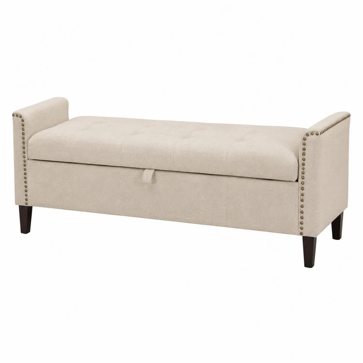 Banco con almacenamiento tapizado en poliéster y patas de madera contrachapada, Beige