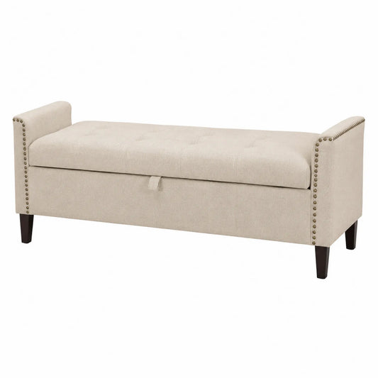 Banco con almacenamiento tapizado en poliéster y patas de madera contrachapada, Beige