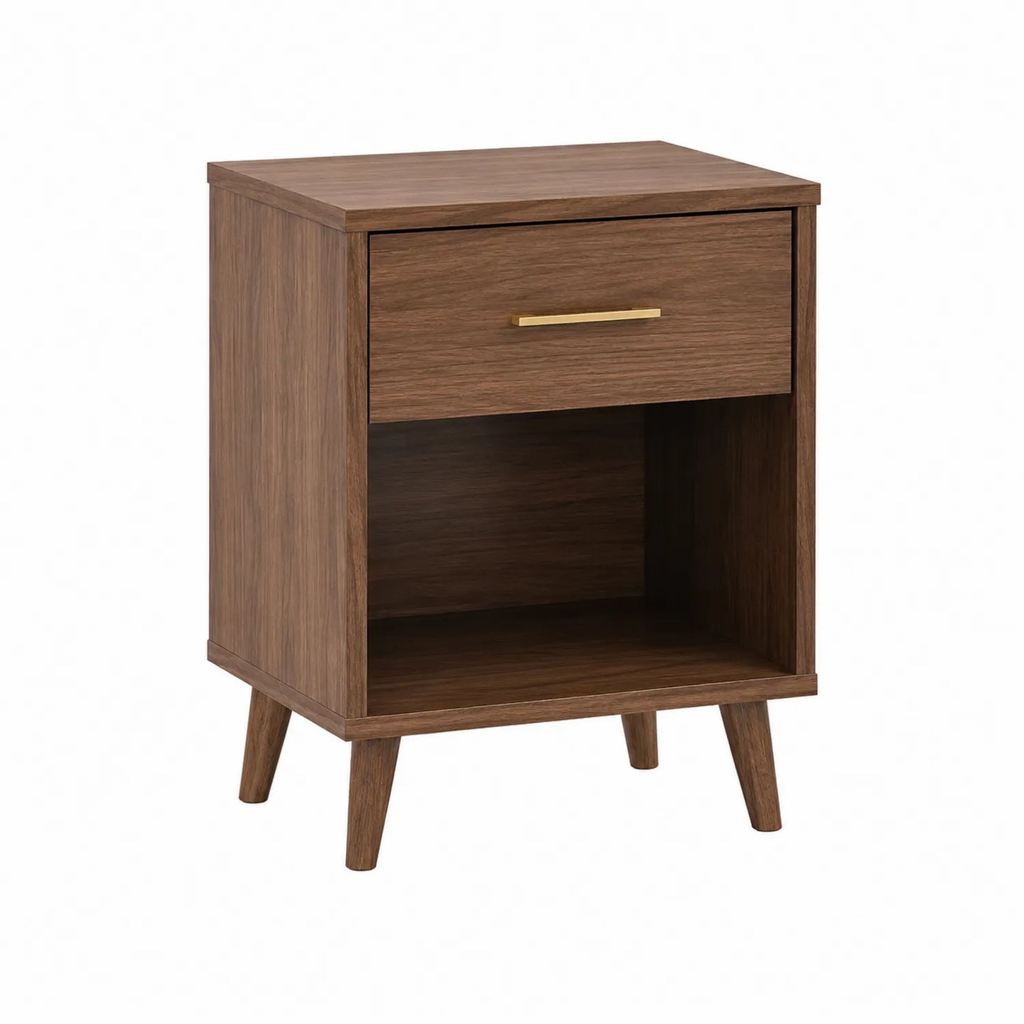 Mesita de noche de madera con cajón y estante, Marrón