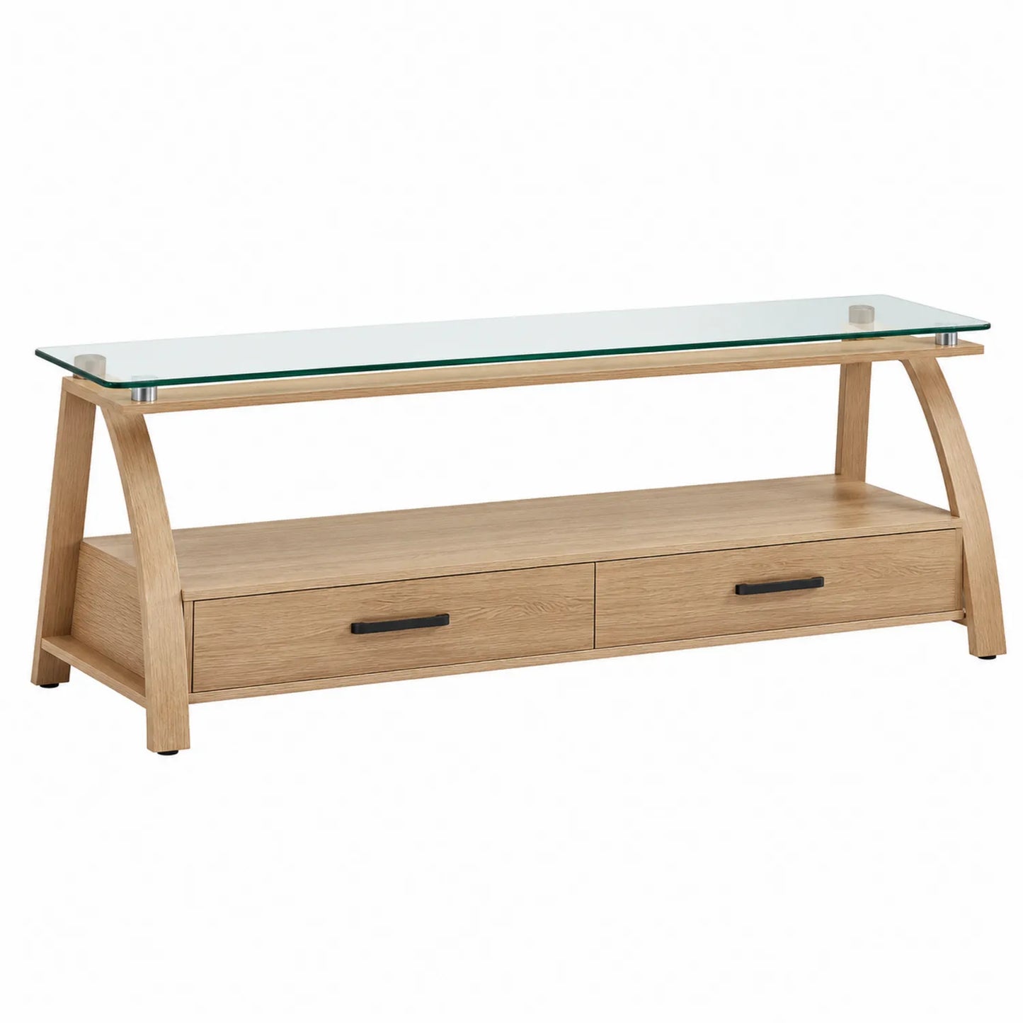 Mesa para TV de madera de roble y cristal templado con dos cajones