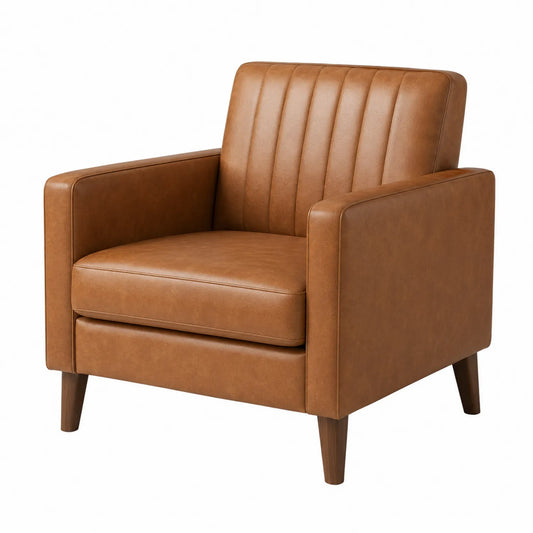 Sillón de cuero sintético marrón con patas de madera
