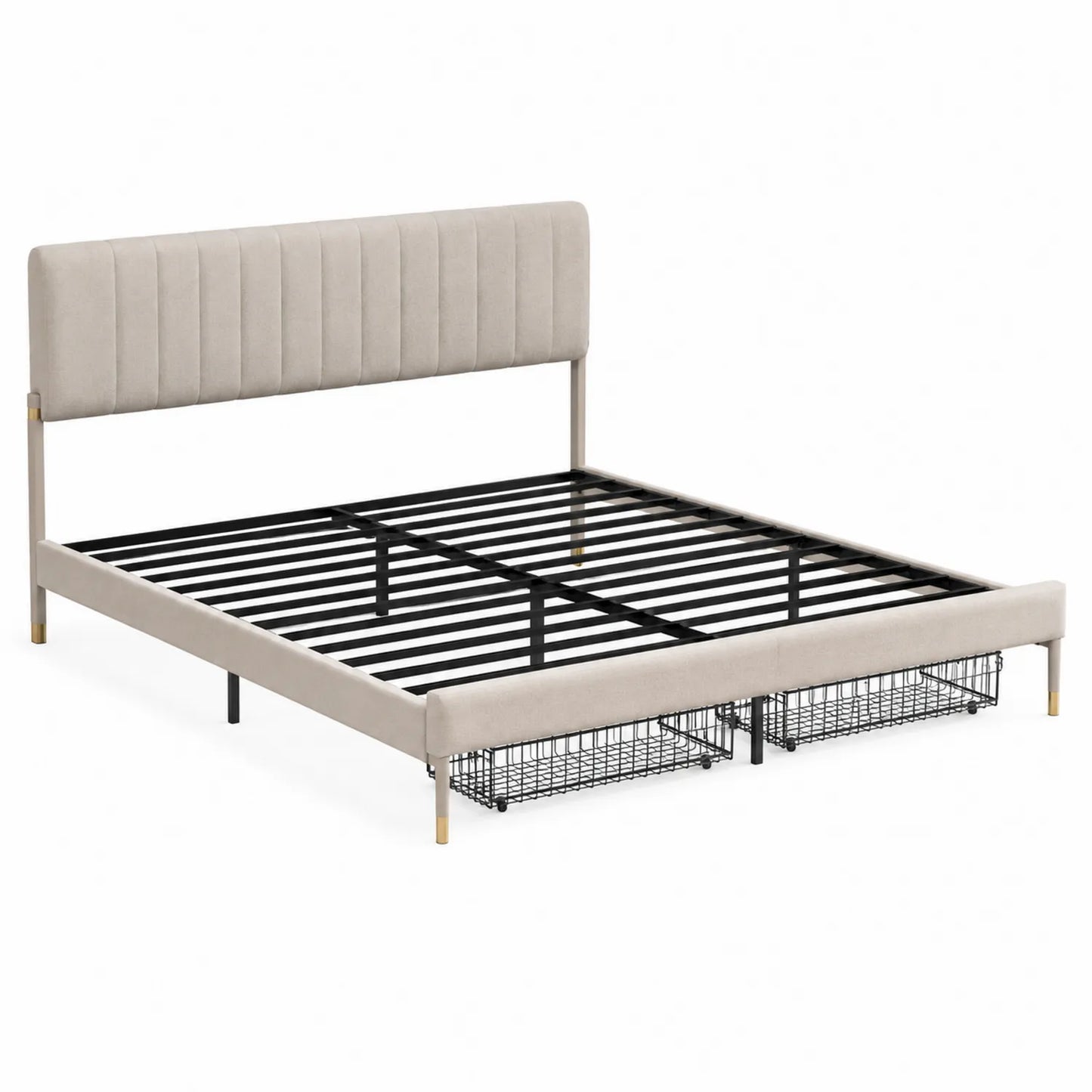 Cama de metal con cabecero de terciopelo beige y almacenamiento 200x160 cm